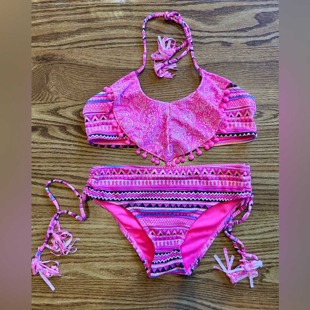 Boho girls bikini, pink, black, white and blue size 10/12
